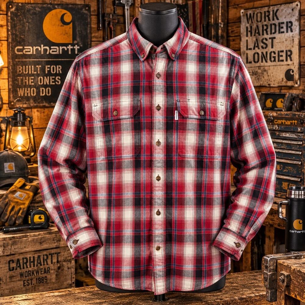 Carhartt 102214 Relaxed Fit Plaid Flannel Shirt Mens Large Red Tartan Plaid